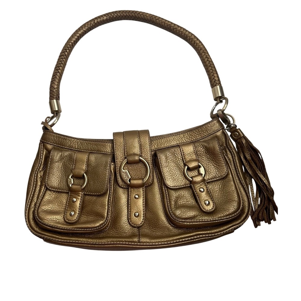 Jones New York Metallic Bronze Leather Shoulder Bag Y2K Tassel Cargo Pockets